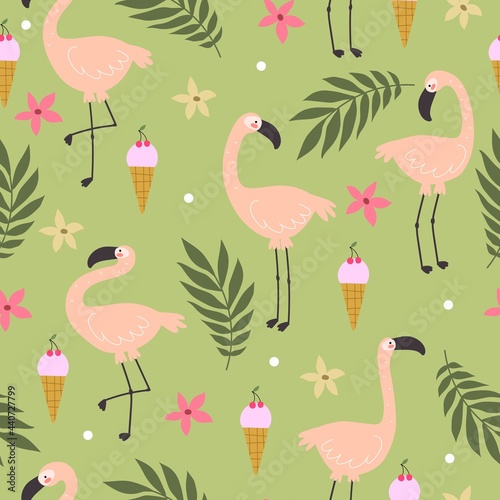 Seamless pattern with cute cartoon flamingos, plant, ice cream. hand drawing. Flat colorful vector. animal theme. design for fabric, textile, print, wrapper