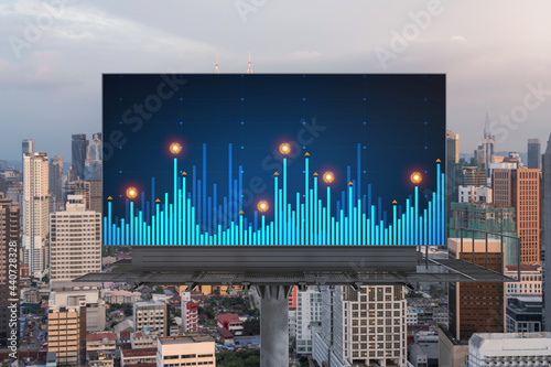 Canvas Print Glowing FOREX graph hologram on billboard, aerial panoramic cityscape of Kuala Lumpur at sunset