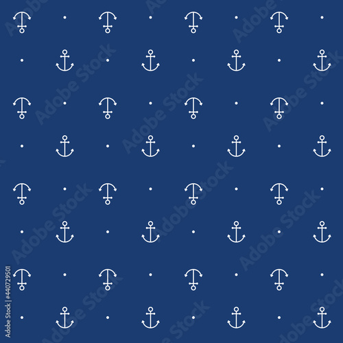 Vector nautical seamless pattern with anchors and dots on blue background