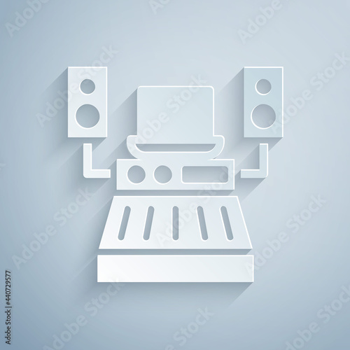 Paper cut Music sound recording studio control room with professional equipment icon isolated on grey background. Paper art style. Vector