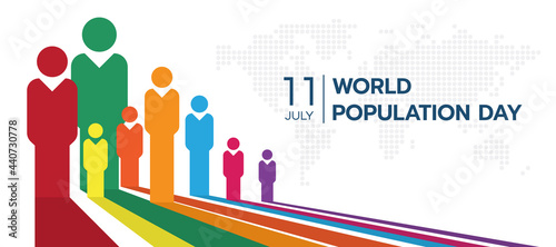 World population day with white perspective colorful humans sign and circle dot world map texture background vector design