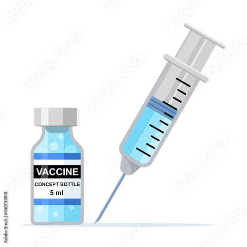 Vaccine Bottle and Syringe on white background. Vector illustration flat design.