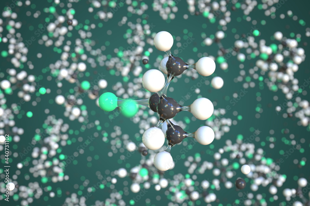 2-chloro-2-methylpropane molecule, conceptual molecular model. Scientific 3d rendering