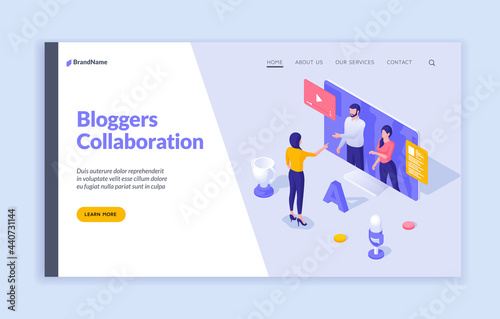 Online webinars and collaboration with bloggers. Woman asks questions web communication to business professionals. Digital learning with media broadcasts. Vector landing page isometric template