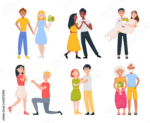 Set of cute romantic couples in love. Happy people hug each other, holding hands, dancing. Proposing, newlyweds, old couple. Isolated flat illustration