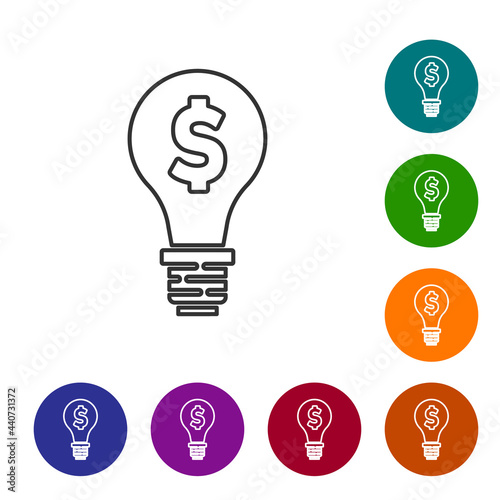 Black line Light bulb with dollar symbol icon isolated on white background. Money making ideas. Fintech innovation concept. Set icons in color circle buttons. Vector