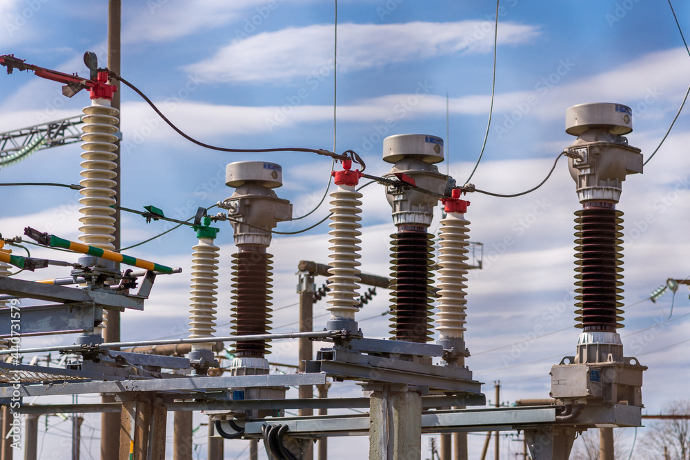 High voltage power transformer,generator electric in substation.Front ...