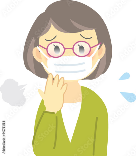 イラスト素材:年配の女性が感染症対策でマスクを着用するが息苦しく眼鏡も曇り困っている姿
