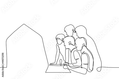 company of teen before the slot machine piled over the player - one line drawing. crowd of young men is watching the game of their friend in front of the slot machine in the entertainment center