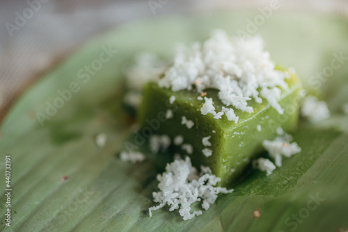 Green coconut sweet pudding Delicious decorated with white coconut meat on banana leaf or 