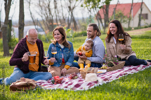 Happy multigeneration family outdoors having picnic in backyard garden.