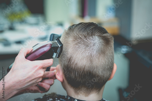 Professional barber doing haircut for kid. Hairdress for children. side view portrait barbershop.Back view.Toned