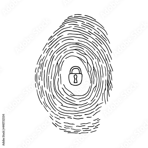 Human fingerprint with padlock inside. Concept of coordinated access. Password on the phone. Doodle. Hand Drawn.