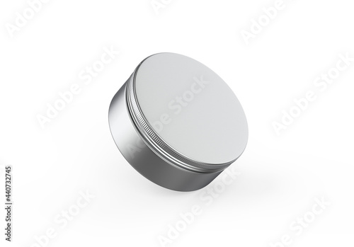 Metallic cosmetic jar mockup, blank aluminium round tin box on isolated white background, 3d illustration photo