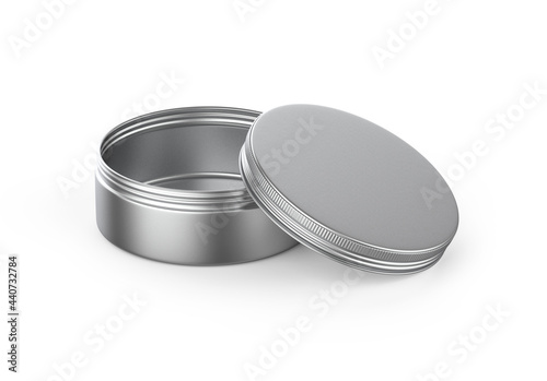 Metallic cosmetic jar mockup, blank aluminium round tin box on isolated white background, 3d illustration photo