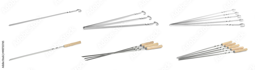 Set with metal skewers on white background. Banner design