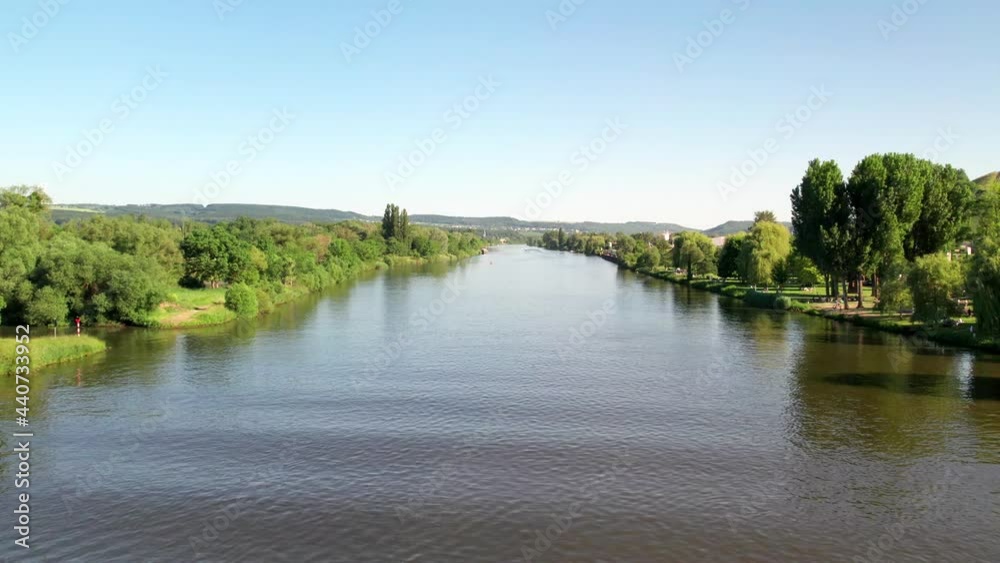 Aerial low detail view of the Moselle river flowing between Luxembourg and Germany.