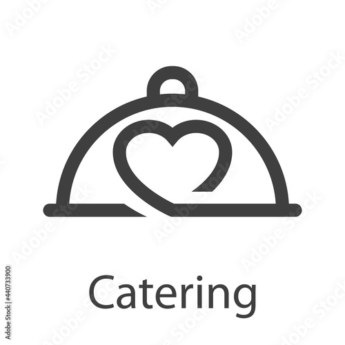 Logotipo con texto Catering con bandeja de comida con tapadera con corazón con lineas en color gris