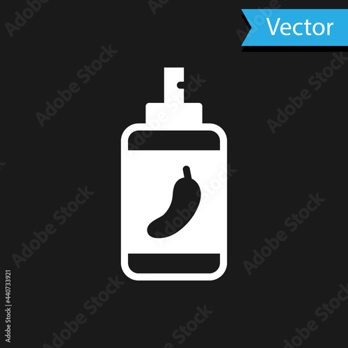 White Pepper spray icon isolated on black background. OC gas. Capsicum self defense aerosol. Vector