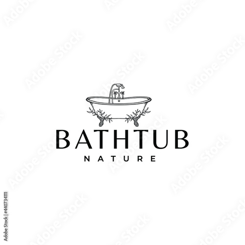 Beautiful Elegant Bathtub With Floral Leaves Drawing Logo Vector Illustration Template Icon Design