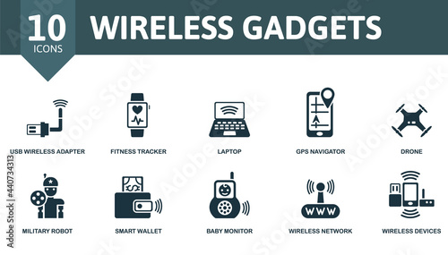 Wireless Gadgets icon set. Contains editable icons wireless devices theme such as usb wireless adapter, laptop, drone and more.