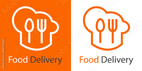Logo con texto Food Delivery con sombrero de cocinero con tenedor y cuchara con lineas en fondo naranja y fondo blanco