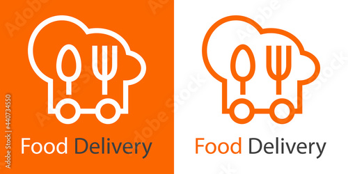 Logo con texto Food Delivery con sombrero de cocinero con ruedas y con tenedor y cuchara con lineas en fondo naranja y fondo blanco