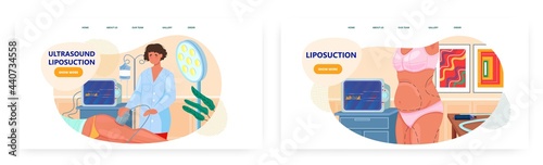 Ultrasound liposuction landing page design, website banner vector template set. Ultrasonic cavitation fat loss procedure