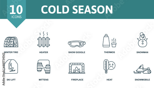 Cold Season icon set. Contains editable icons winter theme such as ski, ski lift, snow goggle and more.
