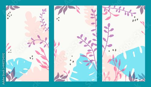 Set of vertical backgrounds floral print. Abstract floral design with copy place. Vector hand drawing illustration 9x16