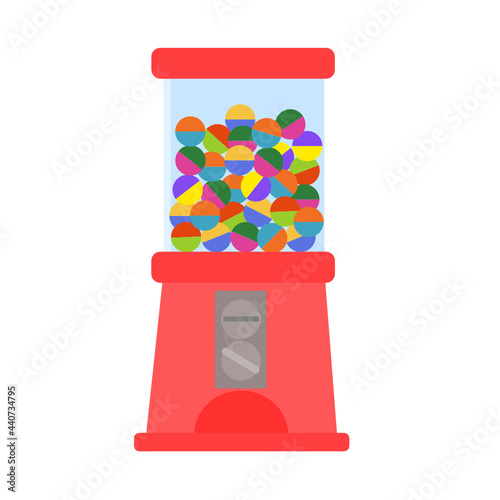 Colorful bubblegum and red gumball machine isolated on white background.Vintage item.Flat design.Sign, symbol, icon or logo isolated.Cartoon vector illustration.Graphic design.Capsule balls.