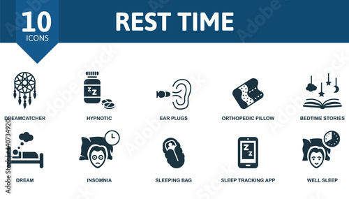 Rest Time icon set. Contains editable icons well sleep theme such as dreamcatcher, ear plugs, bedtime stories and more.