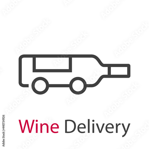 Logotipo con texto Wine Delivery con silueta de botella de vino con ruedas con lineas en color gris