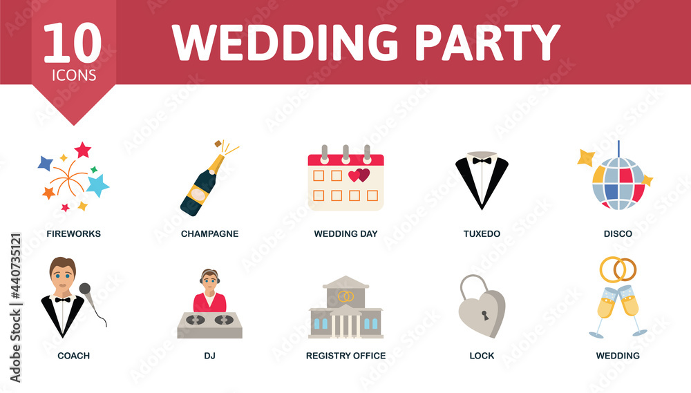 Wedding Party icon set. Contains editable icons wedding theme such as fireworks, wedding day, disco and more.