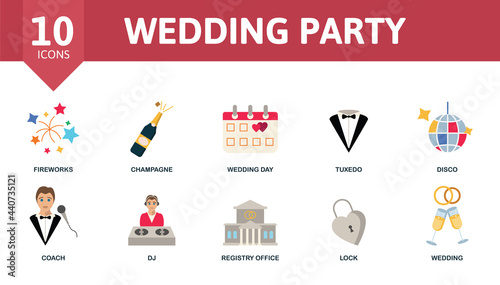 Wedding Party icon set. Contains editable icons wedding theme such as fireworks, wedding day, disco and more.