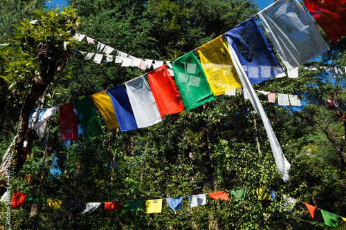 Buddhist prayer flags lunga in McLeod Ganj, Himachal Pradesh, India photo