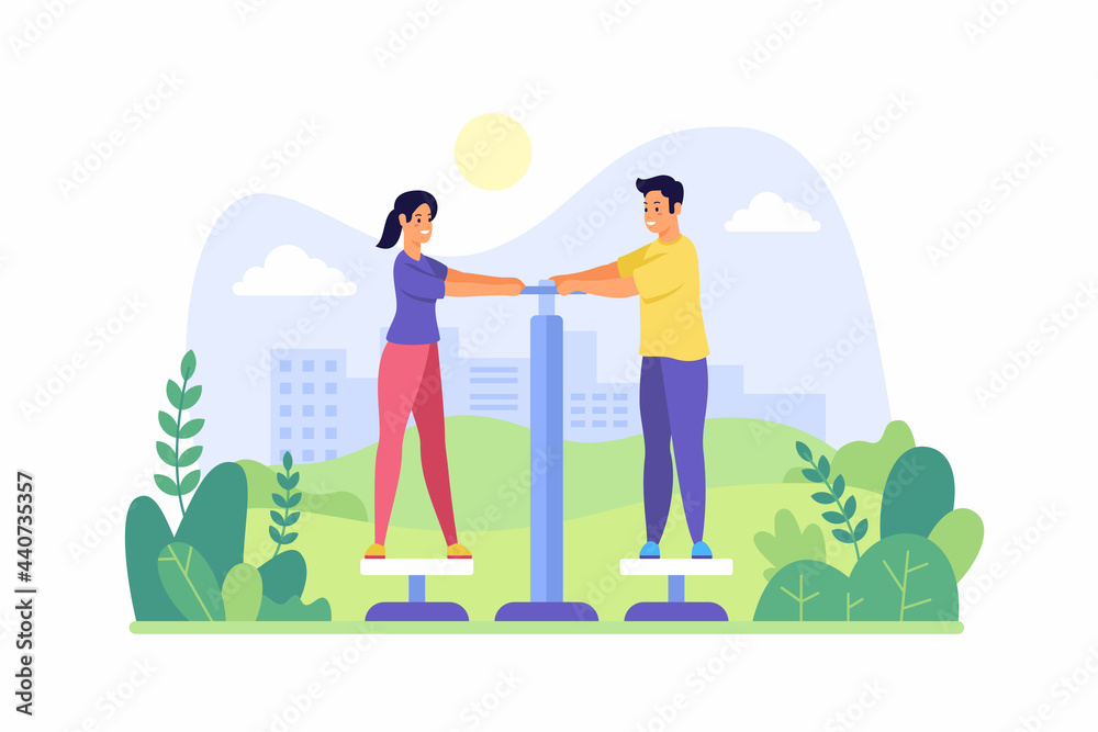 Warm up muscles of body simulator in park. Young woman and man stand on platforms and hold on handles mechanism. Active summer relaxation sports in outdoor. Vector flat illustration