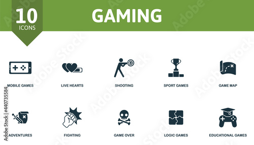 Gaming icon set. Contains editable icons video games theme such as mobile games, shooting, game map and more.