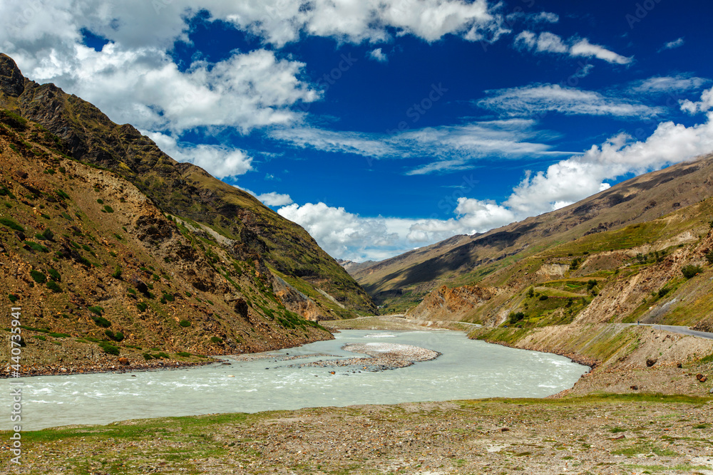 Chandra river in Lahaul valley in Himalayas