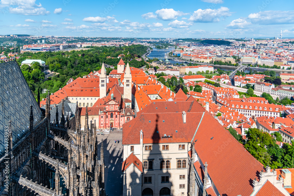 Obraz premium Aerial view of Basilica of St George on Prague Castle, Prague, Czech Republic.