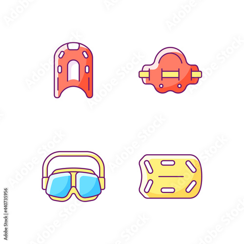 Swimming pool supplies RGB color icons set. Kickboard. Aqua jogger. Swimming goggles. Buoyant board. Isolated vector illustrations. Water rescue operations simple filled line drawings collection