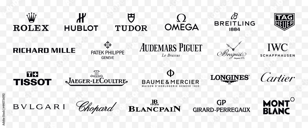 Luxury watches brand, black logo set : Rolex, Hublot, Omega, Breitling,  Tag-Heuer, Richard Mille, Patek Philippe, Audemars Piguet, IWC, Cartier,  Bulgari, BlancPain, Montblanc Isolated logos vector. Stock-Vektorgrafik