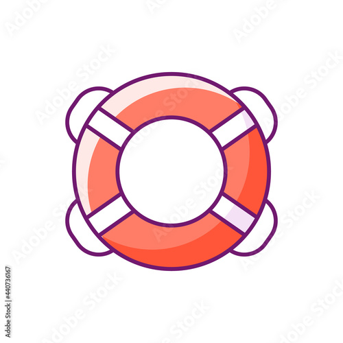 Ring buoy RGB color icon. Isolated vector illustration. Life preserver. Round floatation device. Assisting beginner swimmer. Swim ring. Lifesaving equipment. Water rescue simple filled line drawing