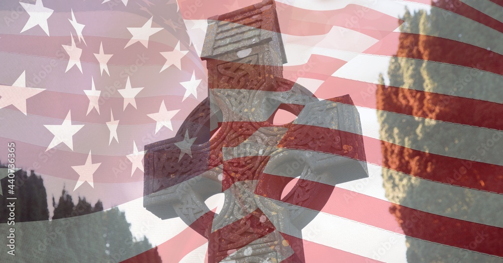 Naklejka premium Composition of american flag over cemetery