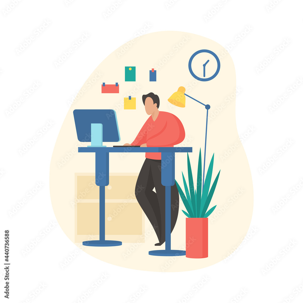 Fototapeta premium Man works at computer standing. Distribution load on back with improved muscle tone. Wellbeing relax and productive work. Office workout passive fitness. Vector illustration isolated