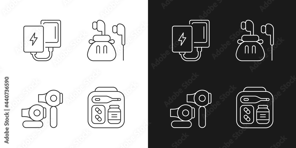 Traveller luggage linear icons set for dark and light mode. Compact powerbank and headphones. Customizable thin line symbols. Isolated vector outline illustrations. Editable stroke Traveller luggage linear icons set for dark and light mode. Compact powerbank and headphones. Customizable thin line symbols. Isolated vector outline illustrations. Editable stroke