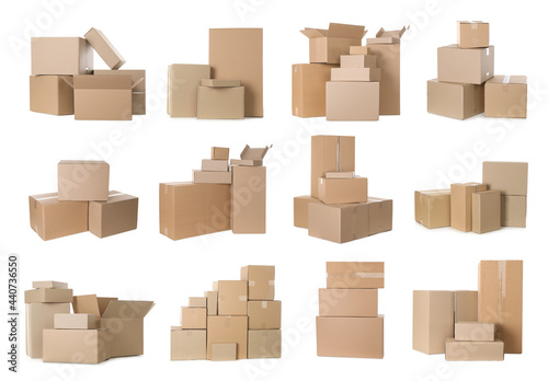 Set with different cardboard boxes on white background © New Africa