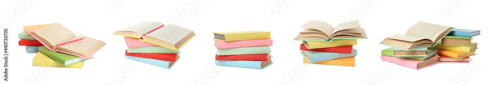 Fototapeta premium Set with different hardcover books on white background. Banner design