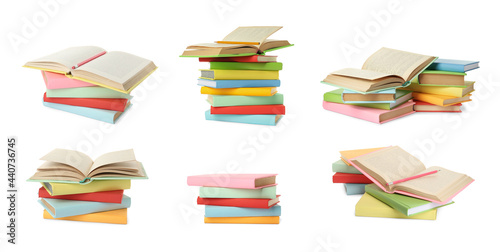 Set with different hardcover books on white background. Banner design © New Africa