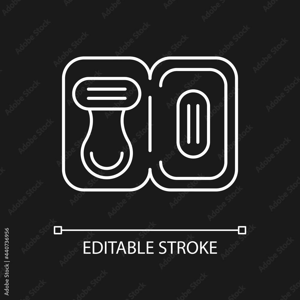 Travel size razor white linear icon for dark theme. Shaving tools for trip. Hygienic amenities. Thin line customizable illustration. Isolated vector contour symbol for night mode. Editable stroke